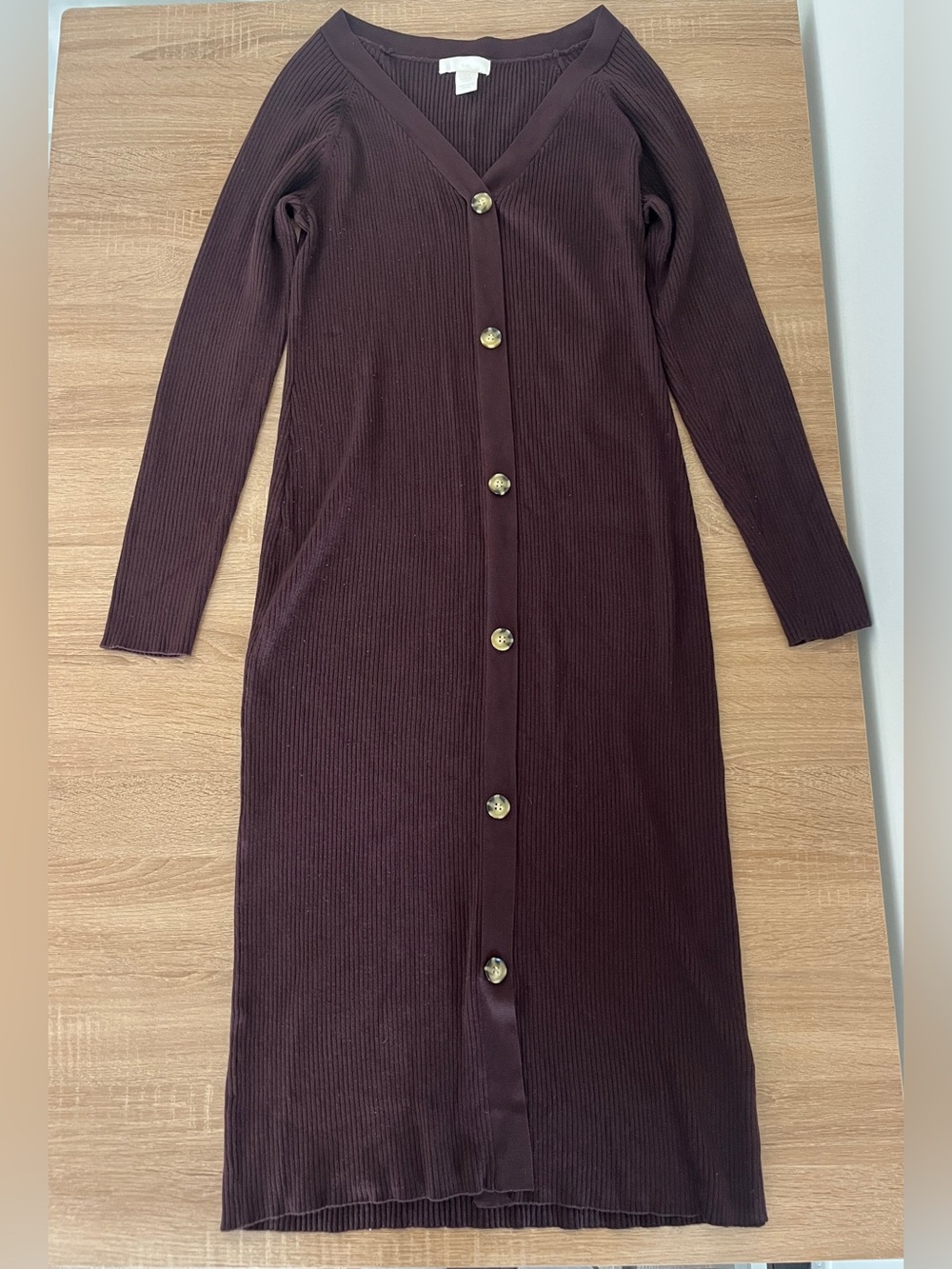 H&M Ribbed Long Sleeve Button-Front Dress — Dark Brown